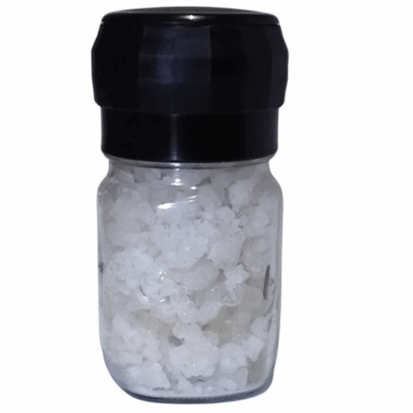 Uniodized coarse sea salt grinder in glass bottle - VleislandSA